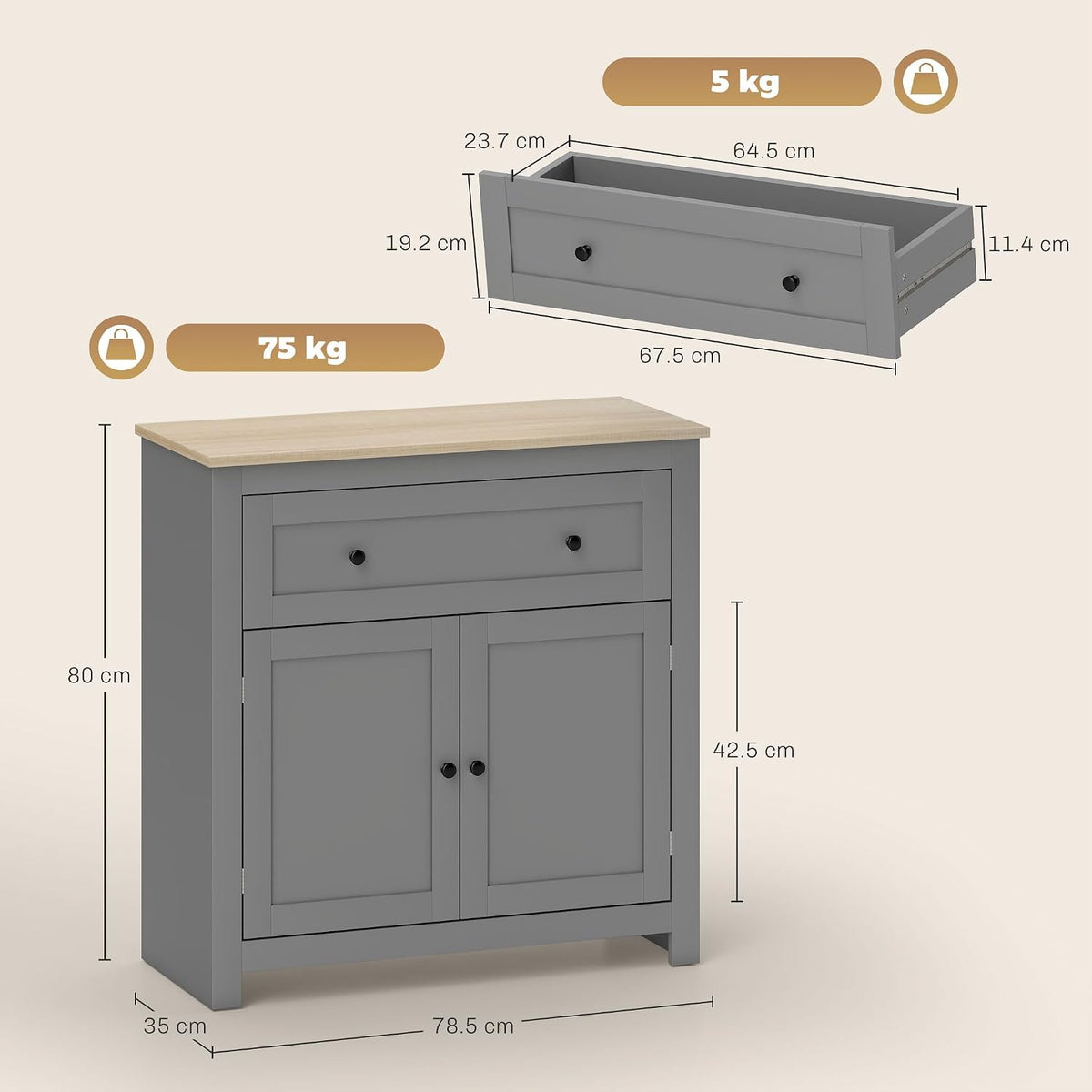 HOMCOM Sideboard Storage Cabinet with Drawer and Double Doors Grey — image 3