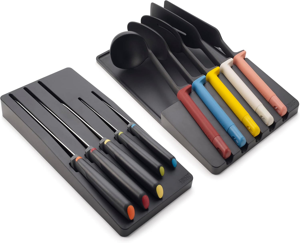 Joseph Joseph Elevate Utensil & Knife 10-piece Set, in Drawer Utensils Organisation Storage, Black/Multicolour