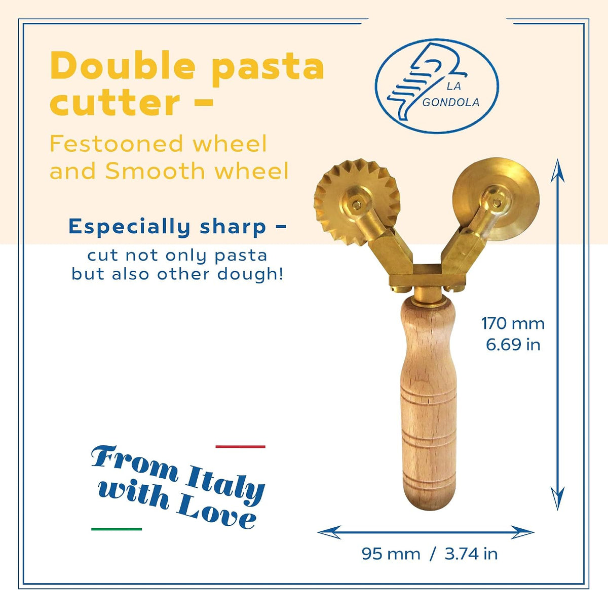 LA GONDOLA Brass & Wood Wheel Cutter - Pasta Making Tool for Home and Business | Italy Made Pasta Cutting Tool | Ravioli Cutter — image 2