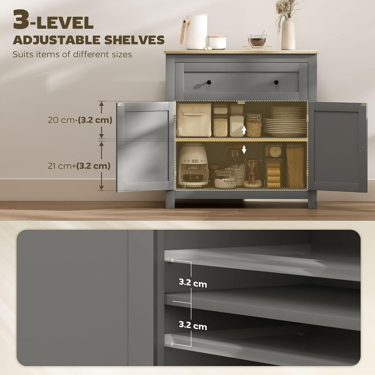 HOMCOM Sideboard Storage Cabinet with Drawer and Double Doors Grey — image 5