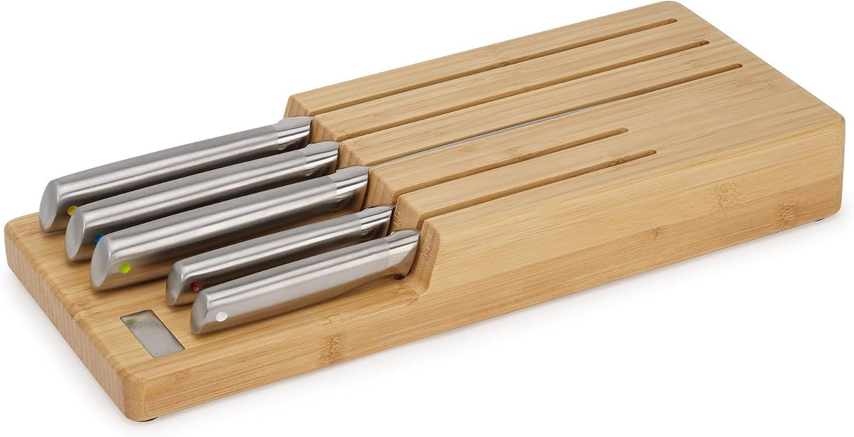 Joseph Joseph Elevate Kitchen Knives 5-piece Japanesse Stainless Steel Knife Set with, in Drawer Bamboo Block Organiser Tray
