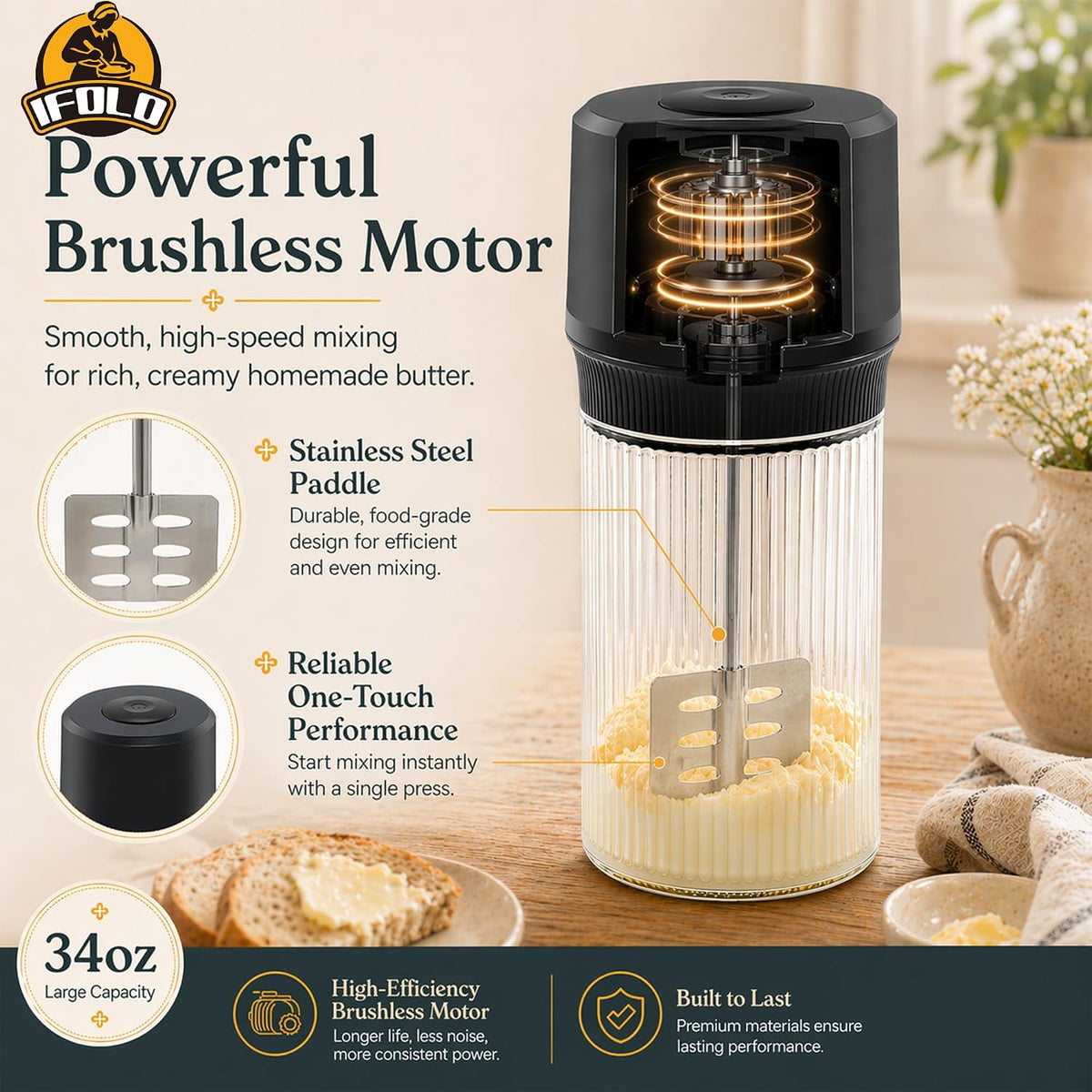 Electric Butter Churner One-Touch Maker 1L Glass Jar - View 3